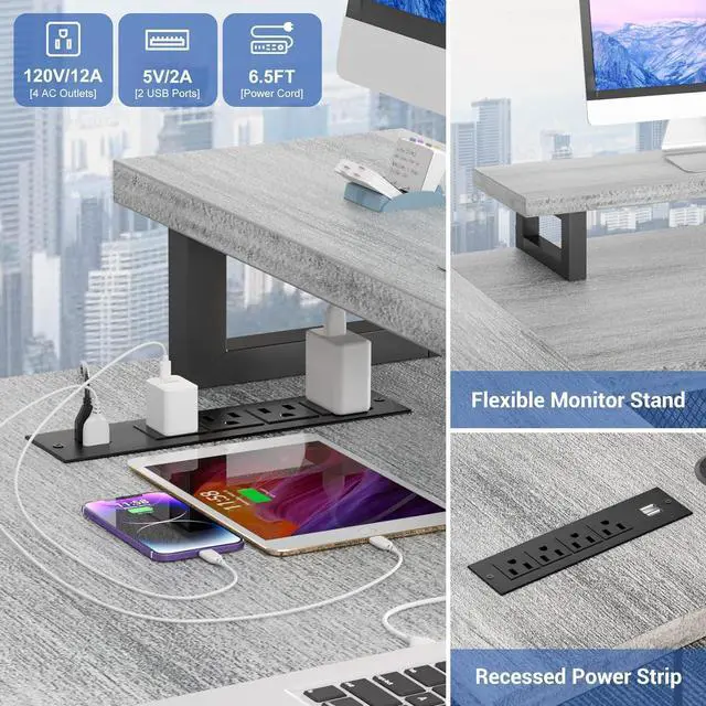 Alt view image 7 of 7 - U Shaped Computer Desk with Power Outlet and LED Strip, Reversible L Shaped Office Desk with Monitor Stand and Bookshelf, Modern U- Shape Corner Desk, 130 Inch 2 Person Gaming Table,Light Walnut