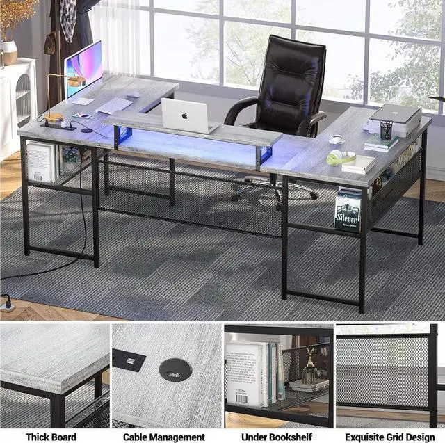 Alt view image 6 of 7 - U Shaped Computer Desk with Power Outlet and LED Strip, Reversible L Shaped Office Desk with Monitor Stand and Bookshelf, Modern U- Shape Corner Desk, 130 Inch 2 Person Gaming Table,Light Walnut