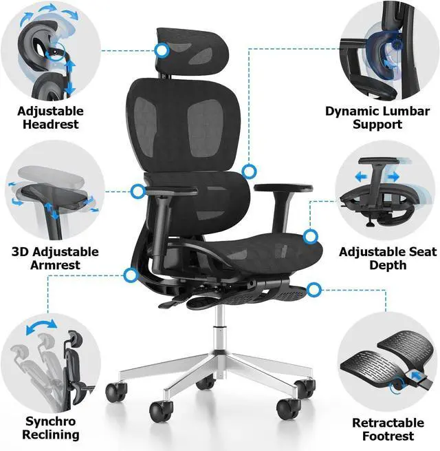 Alt view image 6 of 7 - Ergonomic Mesh Office Chair with 3D Adjustable Armrest,High Back Desk Computer Chair Ergo3d Ergonomic Office Chair with Wheels for Home & Office Black