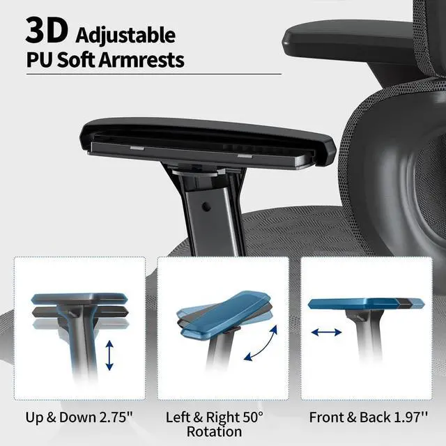 Alt view image 3 of 7 - Ergonomic Mesh Office Chair with 3D Adjustable Armrest,High Back Desk Computer Chair Ergo3d Ergonomic Office Chair with Wheels for Home & Office Black