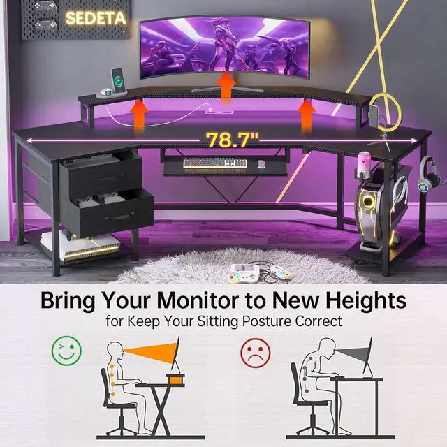 Alt view image 6 of 7 - 79" Gaming Desk, Computer Desk with 2 Fabric Drawers & LED Light, L Shaped Gaming Desk with Storage Shelf for Home Office, Carbon Fiber Black