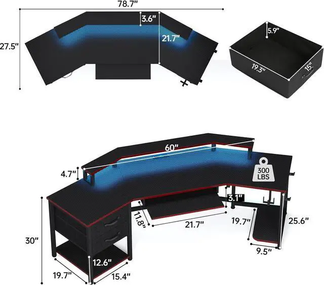 Alt view image 2 of 7 - 79" Gaming Desk, Computer Desk with 2 Fabric Drawers & LED Light, L Shaped Gaming Desk with Storage Shelf for Home Office, Carbon Fiber Black&Red