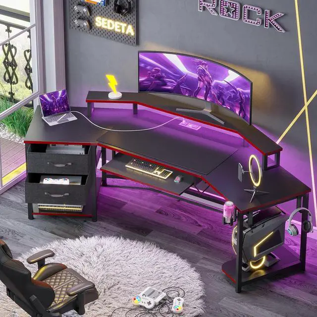 Main image of 79" Gaming Desk, Computer Desk with 2 Fabric Drawers & LED Light, L Shaped Gaming Desk with Storage Shelf for Home Office, Carbon Fiber Black&Red