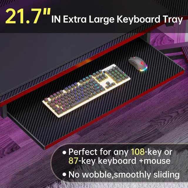 Alt view image 5 of 7 - 79" Gaming Desk, Computer Desk with 2 Fabric Drawers & LED Light, L Shaped Gaming Desk with Storage Shelf for Home Office, Carbon Fiber Black&Red