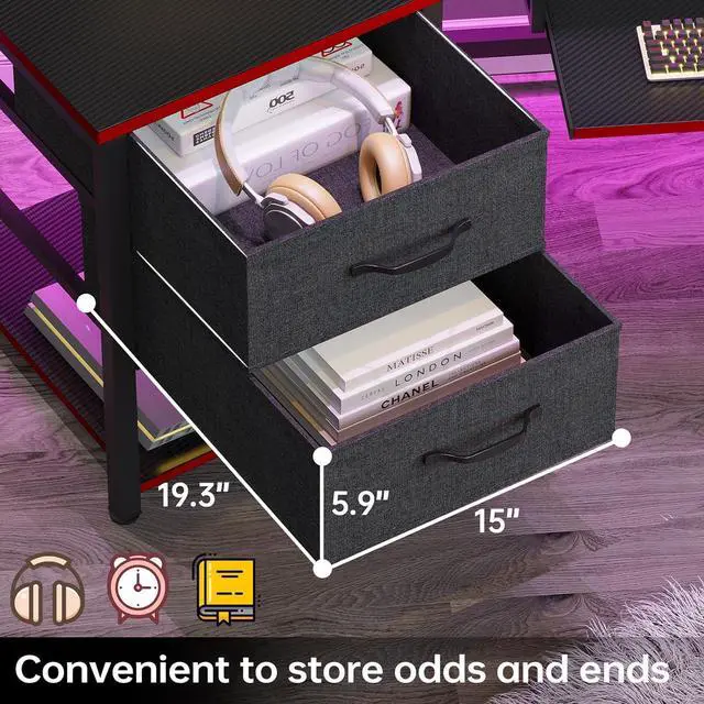 Alt view image 3 of 7 - 79" Gaming Desk, Computer Desk with 2 Fabric Drawers & LED Light, L Shaped Gaming Desk with Storage Shelf for Home Office, Carbon Fiber Black&Red