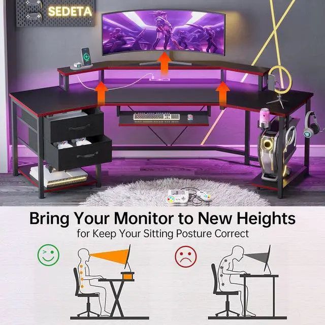 Alt view image 7 of 7 - 79" Gaming Desk, Computer Desk with 2 Fabric Drawers & LED Light, L Shaped Gaming Desk with Storage Shelf for Home Office, Carbon Fiber Black&Red