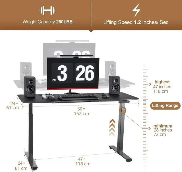 Alt view image 3 of 7 - Standing Desk 60 x 24 Inches Dual-Motor Height Adjustable Desk Electric Sit Stand Desk Home Office Desks Whole Piece Desk Board (Matte Black Desktop/Black Frame)