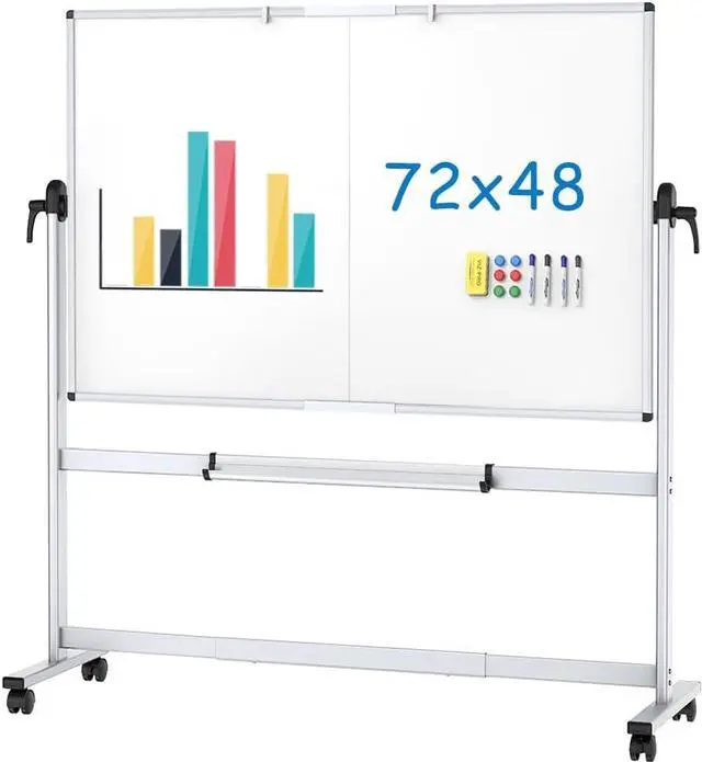 Main image of Double-Sided Mobile Whiteboard, 72 x 48 Inches, Magnetic Rolling Dry Erase White Board on Wheels with Aluminium Frame and Stand