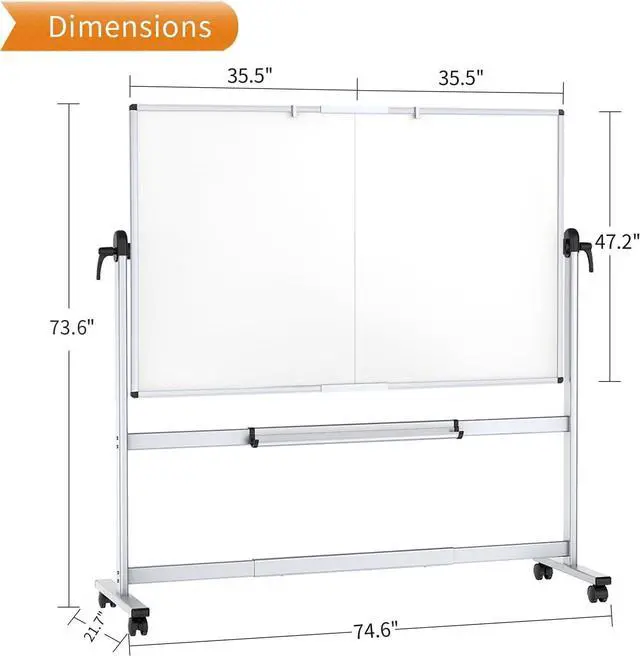 Alt view image 2 of 6 - Double-Sided Mobile Whiteboard, 72 x 48 Inches, Magnetic Rolling Dry Erase White Board on Wheels with Aluminium Frame and Stand