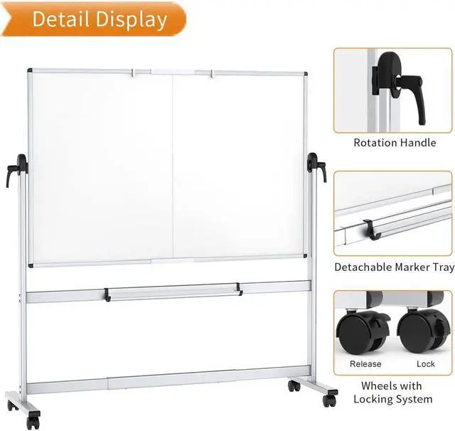 Alt view image 4 of 6 - Double-Sided Mobile Whiteboard, 72 x 48 Inches, Magnetic Rolling Dry Erase White Board on Wheels with Aluminium Frame and Stand