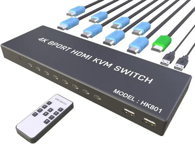Main image of Switch HDMI 8 Port - HDMI Switch with Remote- USB Switch Selector for 8 Computers Share Keyboard Mouse Printer,Flash Drive,HD Monitor, Support 4K@30Hz, 8 HDMI KVM Cables 1 Remote Included