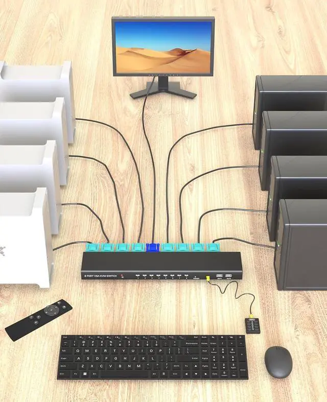 Alt view image 7 of 7 - Switch VGA - VGA KVM Switch 8 Port,USB Switcher 8 Computers Share 1 Monitor & 4 USB 2.0 Hubs,Keyboard Mouse Printer,Plug & Play,Drive-Free for All OS,8 KVM VGA Cables 1 Desktop Controller