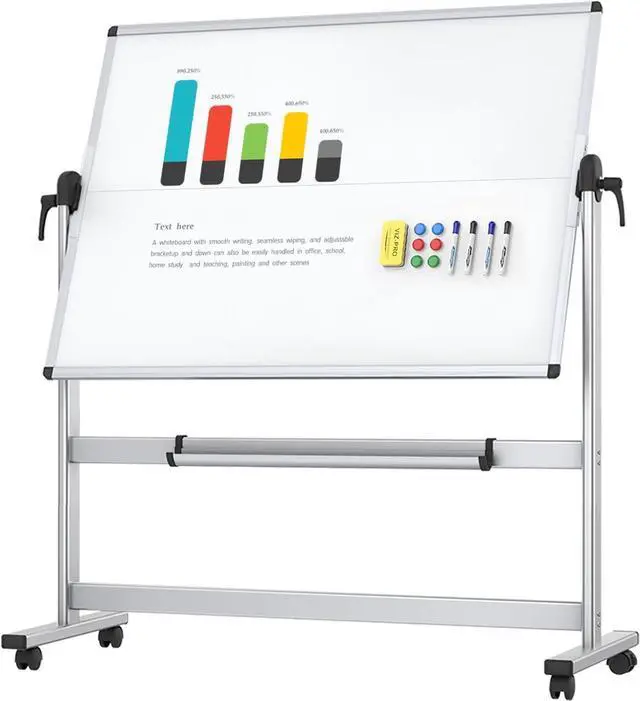 Main image of Double-Sided Mobile Whiteboard, 48 x 36 Inches, Magnetic Rolling Dry Erase White Board on Wheels with Aluminium Frame and Stand