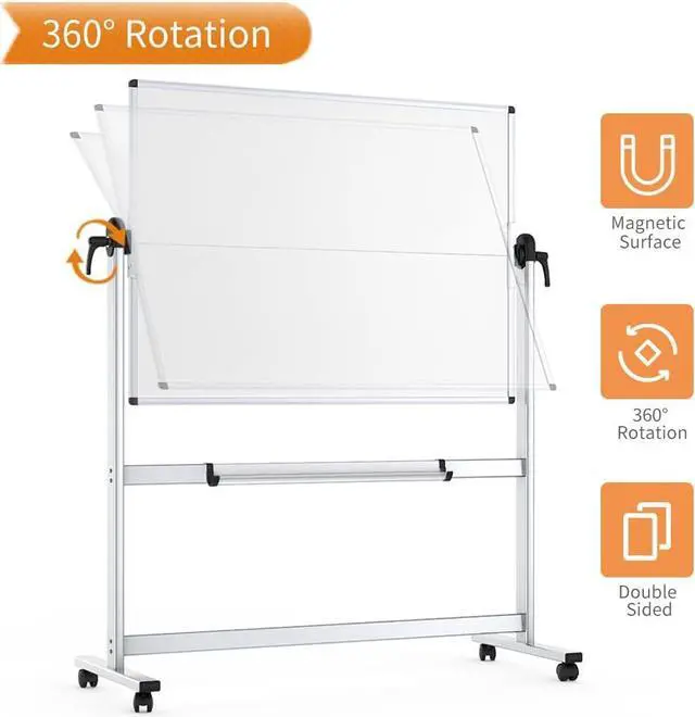 Alt view image 3 of 6 - Double-Sided Mobile Whiteboard, 48 x 36 Inches, Magnetic Rolling Dry Erase White Board on Wheels with Aluminium Frame and Stand