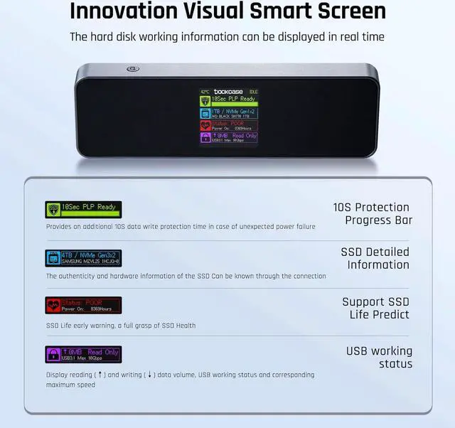 Alt view image 3 of 7 - Visual Smart M.2 NVMe SSD Enclosure,Support 10s PLP Prevents Write Data Loss,USB 3.2 Gen 2 Type-C (10 Gbps),fits NVMe PCIe Size 2230/2242/2260/2280,Support M-Key B+M Key UASP