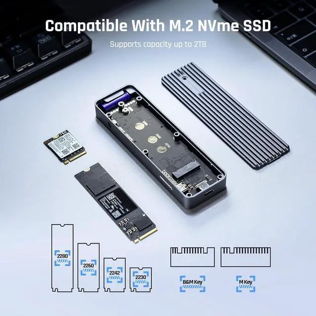 Alt view image 7 of 7 - Visual Smart M.2 NVMe SSD Enclosure,Support 10s PLP Prevents Write Data Loss,USB 3.2 Gen 2 Type-C (10 Gbps),fits NVMe PCIe Size 2230/2242/2260/2280,Support M-Key B+M Key UASP