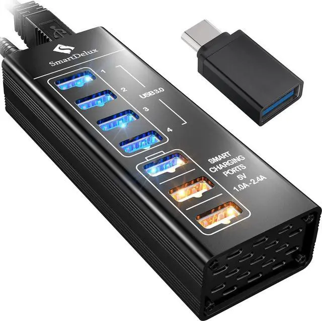 Main image of Powered USB C Hub - 7-Port USB 3.0/3.1 Hub with 4 USB 3.0 Ports, 3 Smart Charging Ports, Power Adapter (Model GA050030) - Black Aluminum