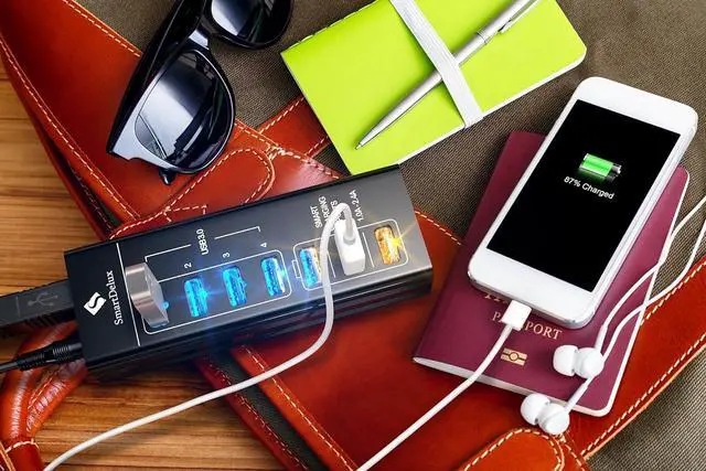 Alt view image 4 of 6 - Powered USB C Hub - 7-Port USB 3.0/3.1 Hub with 4 USB 3.0 Ports, 3 Smart Charging Ports, Power Adapter (Model GA050030) - Black Aluminum