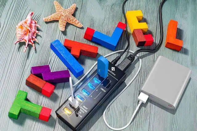 Alt view image 5 of 6 - Powered USB C Hub - 7-Port USB 3.0/3.1 Hub with 4 USB 3.0 Ports, 3 Smart Charging Ports, Power Adapter (Model GA050030) - Black Aluminum