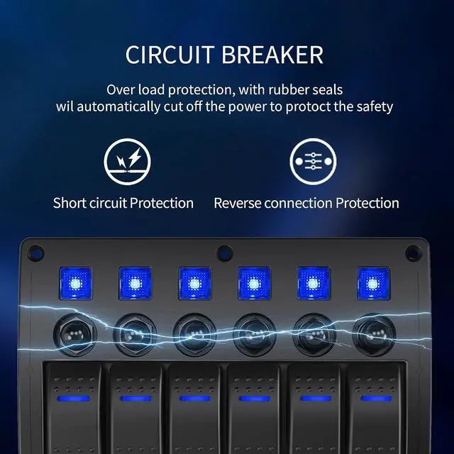 Alt view image 2 of 6 - 6 Gang Marine Boat Rocker Switch Panel Waterproof Overload Protector,12-24V Pre-Wired Rocker Switch LED Indicator,Multi Function Marine Toggle Switche for RV Truck Boat SUV