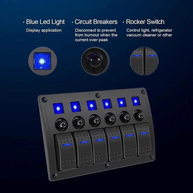 Alt view image 4 of 6 - 6 Gang Marine Boat Rocker Switch Panel Waterproof Overload Protector,12-24V Pre-Wired Rocker Switch LED Indicator,Multi Function Marine Toggle Switche for RV Truck Boat SUV