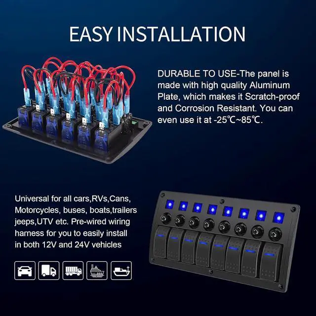 Alt view image 3 of 6 - 6 Gang Marine Boat Rocker Switch Panel Waterproof Overload Protector,12-24V Pre-Wired Rocker Switch LED Indicator,Multi Function Marine Toggle Switche for RV Truck Boat SUV