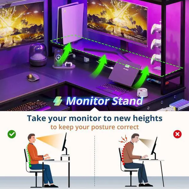 Alt view image 5 of 7 - L Shaped Gaming Desk, Reversible Corner Computer Desk with Power Outlet & Led Strip Home Office Desks Drawer File Cabinet Keyboard Tray (Black, 67in)