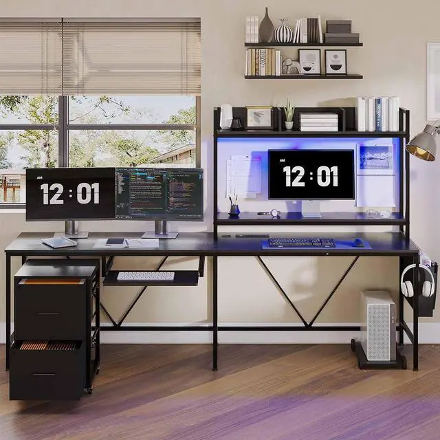 Alt view image 7 of 7 - L Shaped Gaming Desk, Reversible Corner Computer Desk with Power Outlet & Led Strip Home Office Desks Drawer File Cabinet Keyboard Tray (Black, 67in)