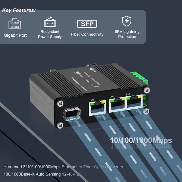 Alt view image 6 of 6 - 3 Port Hardened Industrial Gigabit Din Rail Switch,10/100/1000Mbps Ethernet Switch Din Rail 24V,8Gbps Switching Capacity,IP40 Rated Unmanaged Network Switch(-40~80°C)