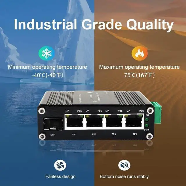 Alt view image 6 of 7 - Mini Industrial 4 Port 10/100/1000Mbps Gigabit Ethernet POE + Switch with SFP Port Din Rail/Wall-Mount 4 Port 10/100/1000BASE-T RJ45 + 1 Port 100/1000FX (SFP) Support 12-48V DC