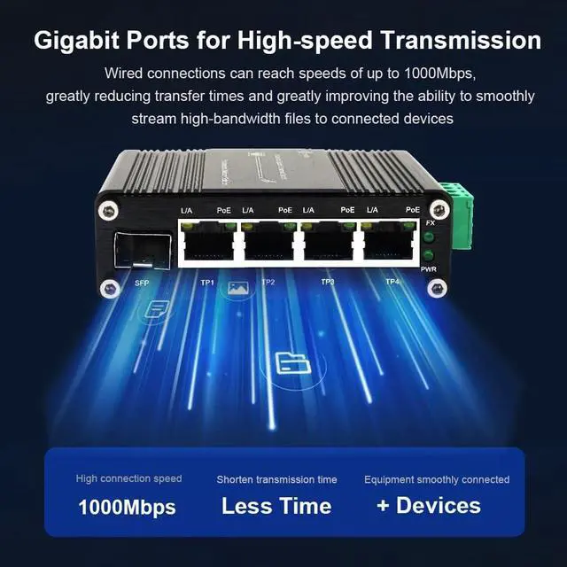 Alt view image 3 of 7 - Mini Industrial 4 Port 10/100/1000Mbps Gigabit Ethernet POE + Switch with SFP Port Din Rail/Wall-Mount 4 Port 10/100/1000BASE-T RJ45 + 1 Port 100/1000FX (SFP) Support 12-48V DC