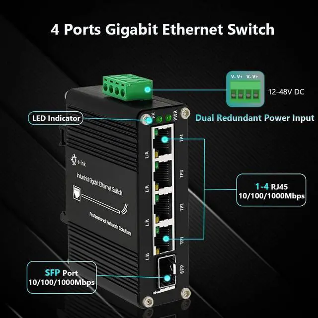 Alt view image 5 of 7 - Mini Industrial 4 Port 10/100/1000Mbps Gigabit Ethernet Switch with SFP Din Rail/Wall-Mount 10/100/1000BASE-T RJ45 + 1 100/1000FX (SFP) Support 12-48V DC 10Gbps Switching Capacity