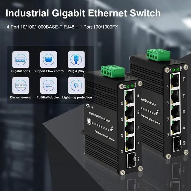 Alt view image 3 of 7 - Mini Industrial 4 Port 10/100/1000Mbps Gigabit Ethernet Switch with SFP Din Rail/Wall-Mount 10/100/1000BASE-T RJ45 + 1 100/1000FX (SFP) Support 12-48V DC 10Gbps Switching Capacity