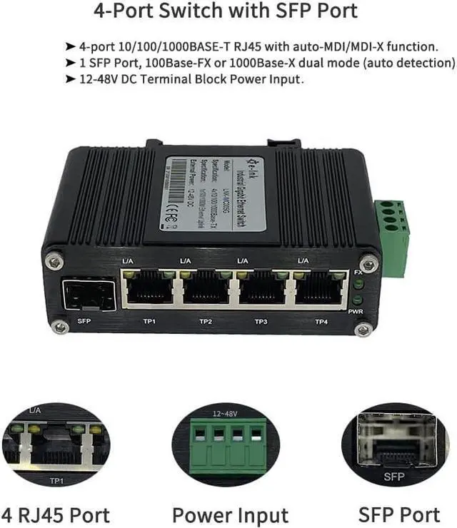 Alt view image 2 of 7 - Mini Industrial 4 Port 10/100/1000Mbps Gigabit Ethernet Switch with SFP Din Rail/Wall-Mount 10/100/1000BASE-T RJ45 + 1 100/1000FX (SFP) Support 12-48V DC 10Gbps Switching Capacity