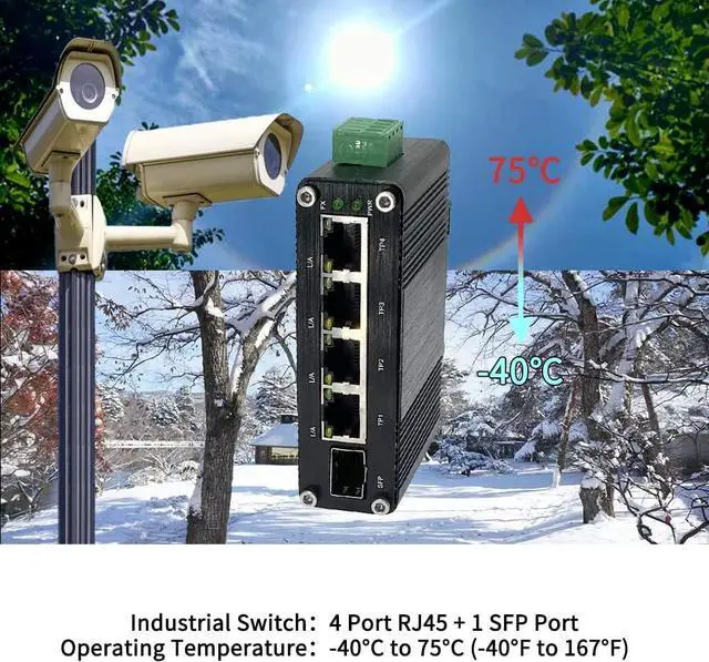 Alt view image 7 of 7 - Mini Industrial 4 Port 10/100/1000Mbps Gigabit Ethernet Switch with SFP Din Rail/Wall-Mount 10/100/1000BASE-T RJ45 + 1 100/1000FX (SFP) Support 12-48V DC 10Gbps Switching Capacity