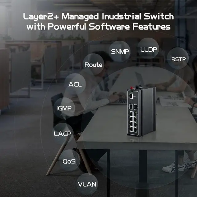 Alt view image 4 of 7 - 10 Port Gigabit L2+ Managed Industrial DIN-Rail Switch, 8 Gigabit Ethernet Ports, 2 Gigabit SFP, Vlan|Route|Ring|ACL|Qos Web/Console Managed