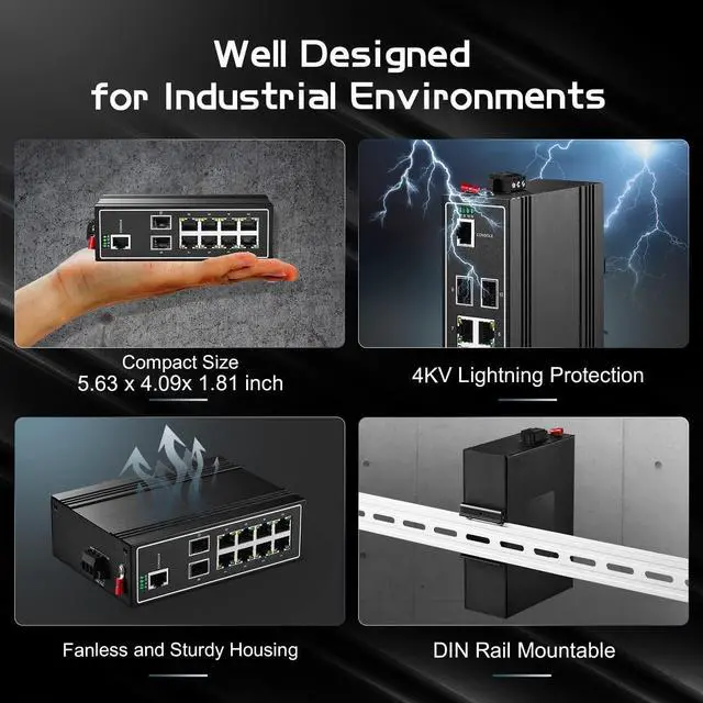 Alt view image 2 of 7 - 10 Port Gigabit L2+ Managed Industrial DIN-Rail Switch, 8 Gigabit Ethernet Ports, 2 Gigabit SFP, Vlan|Route|Ring|ACL|Qos Web/Console Managed