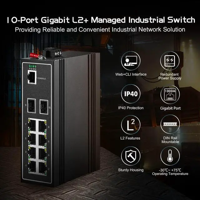 Alt view image 5 of 7 - 10 Port Gigabit L2+ Managed Industrial DIN-Rail Switch, 8 Gigabit Ethernet Ports, 2 Gigabit SFP, Vlan|Route|Ring|ACL|Qos Web/Console Managed
