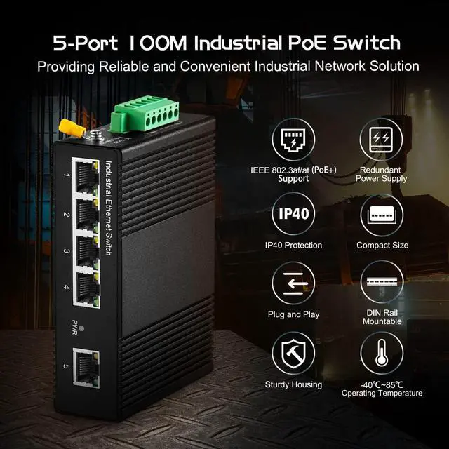 Alt view image 2 of 6 - 5 Port PoE Din Rail Industrial Ethernet Switch, 4 PoE IEEE802.3af/at, 1 Uplink, 10/100Mbps, Fanless Wall Mount, with One 60W PoE Power Supply