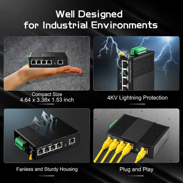 Alt view image 4 of 6 - 5 Port PoE Din Rail Industrial Ethernet Switch, 4 PoE IEEE802.3af/at, 1 Uplink, 10/100Mbps, Fanless Wall Mount, with One 60W PoE Power Supply