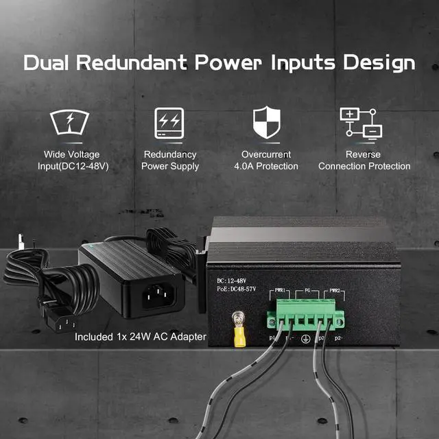 Alt view image 2 of 7 - 8 Port Gigabit Din Rail Industrial Ethernet Switch, 8 Ports 10/100/1000Mbps, Fanless Wall Mount, with One Power Supply