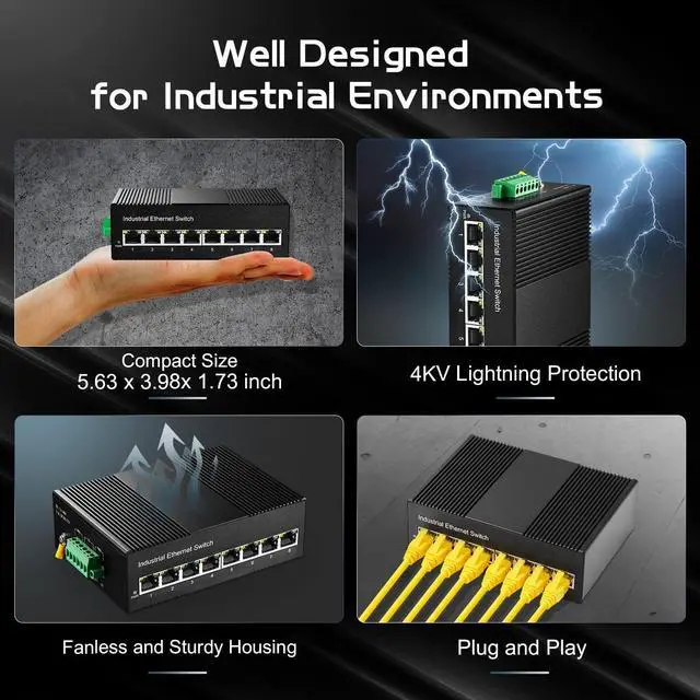 Alt view image 3 of 7 - 8 Port Gigabit Din Rail Industrial Ethernet Switch, 8 Ports 10/100/1000Mbps, Fanless Wall Mount, with One Power Supply