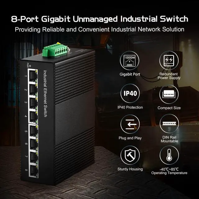 Alt view image 4 of 7 - 8 Port Gigabit Din Rail Industrial Ethernet Switch, 8 Ports 10/100/1000Mbps, Fanless Wall Mount, with One Power Supply