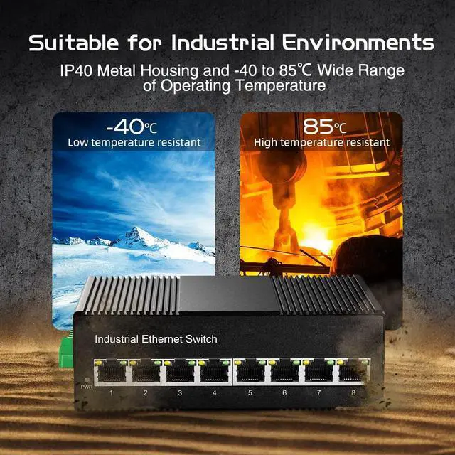 Alt view image 6 of 7 - 8 Port Gigabit Din Rail Industrial Ethernet Switch, 8 Ports 10/100/1000Mbps, Fanless Wall Mount, with One Power Supply