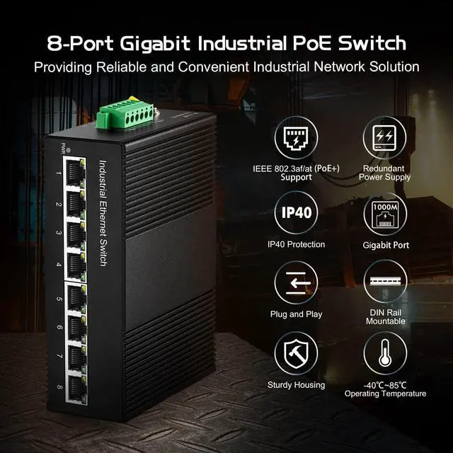 Alt view image 4 of 7 - Port Gigabit PoE Din Rail Industrial Ethernet Switch, 8 PoE IEEE802.3af/at, 16Gbps Switching Capacity, with One 96W PoE Power Supply