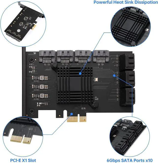 Alt view image 4 of 6 - PCIE SATA Card 10 Port with 10 SATA Cable, 6Gbps SATA 3.0 Controller PCI Express Expansion Card with Low Profile Bracket, Support 10 SATA 3.0 Devices,Compatible with Windows,MAC,Linux System