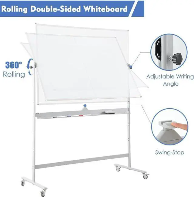 Alt view image 2 of 7 - Large Magnetic Mobile Whiteboard 72"x48", Rolling Double Sided Stand Whiteboard on Wheels, Reversible Adjustable Height/Angle Dry Erase Board 6' x 4' Easel White Board for Office Classroom