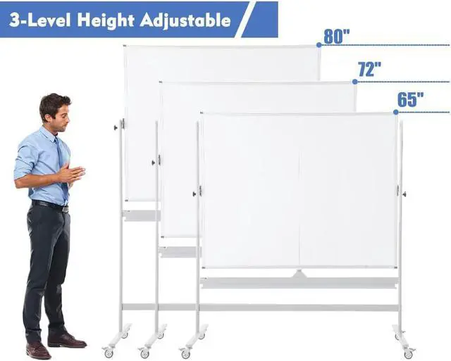Alt view image 4 of 7 - Large Magnetic Mobile Whiteboard 72"x48", Rolling Double Sided Stand Whiteboard on Wheels, Reversible Adjustable Height/Angle Dry Erase Board 6' x 4' Easel White Board for Office Classroom