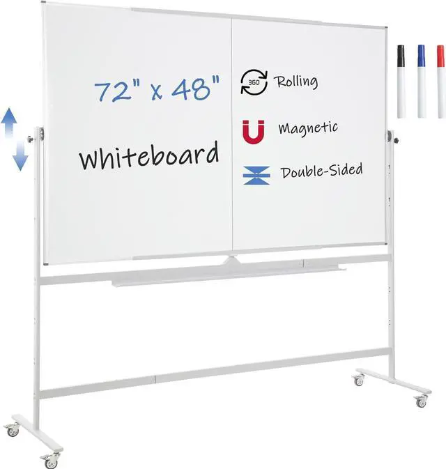 Main image of Large Magnetic Mobile Whiteboard 72"x48", Rolling Double Sided Stand Whiteboard on Wheels, Reversible Adjustable Height/Angle Dry Erase Board 6' x 4' Easel White Board for Office Classroom