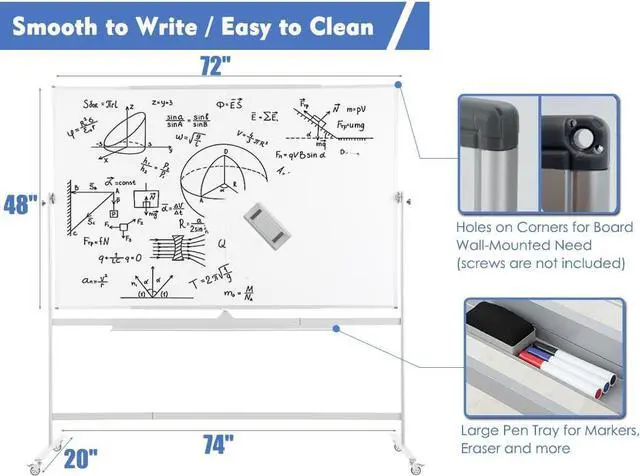 Alt view image 3 of 7 - Large Magnetic Mobile Whiteboard 72"x48", Rolling Double Sided Stand Whiteboard on Wheels, Reversible Adjustable Height/Angle Dry Erase Board 6' x 4' Easel White Board for Office Classroom